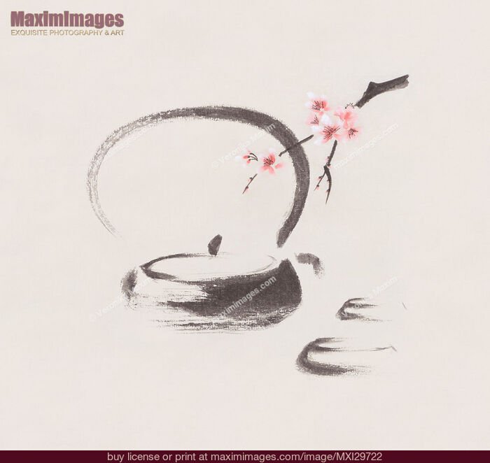 Stock image of Teapot and sakura blossom Tea ceremony still life Japanese Zen Sumi-e painting Buy commercial use license at MaximImages