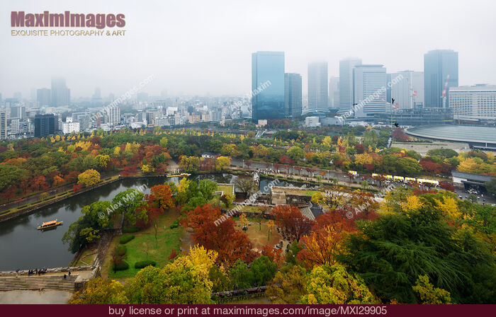 Stock photo of Osaka Castle Park and Chuo-ku financial distric city skyline aerial view Buy commercial use license at MaximImages
