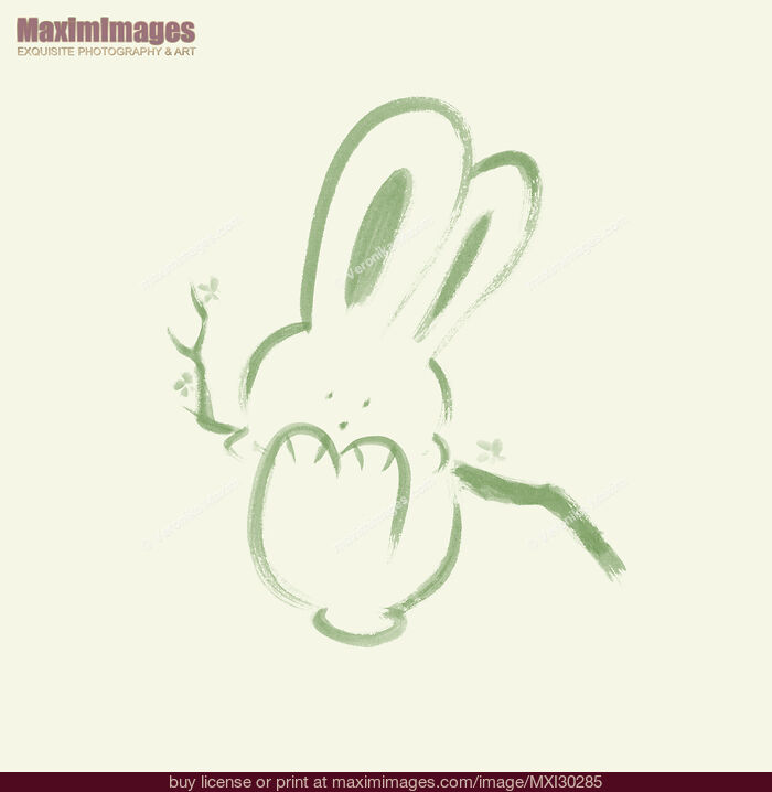 Stock image of Cute happy green bunny rabbit swinging on a branch illustration on light green Buy commercial use license at MaximImages