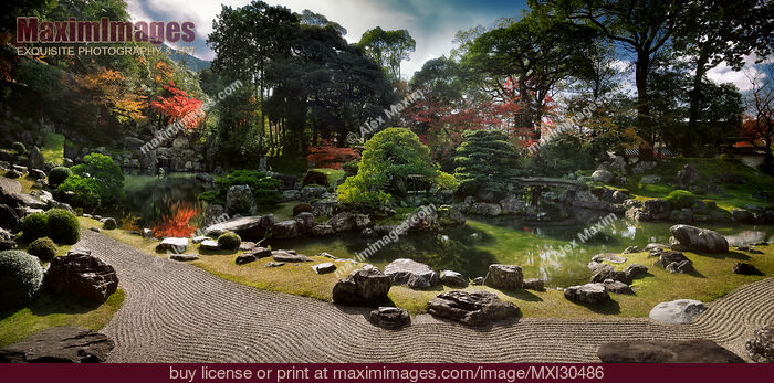 Stock photo of Traditional Japanese Zen rock garden with a pond at Sanboin Buddhist temple Daigoji complex in Kyoto Japan Buy commercial use license at MaximImages