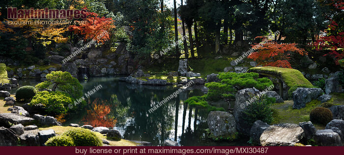 Stock photo of Traditional Japanese Zen rock garden pond Fujito Ishi stones in the center Sanboin Daigo-ji Kyoto Japan Buy commercial use license at MaximImages
