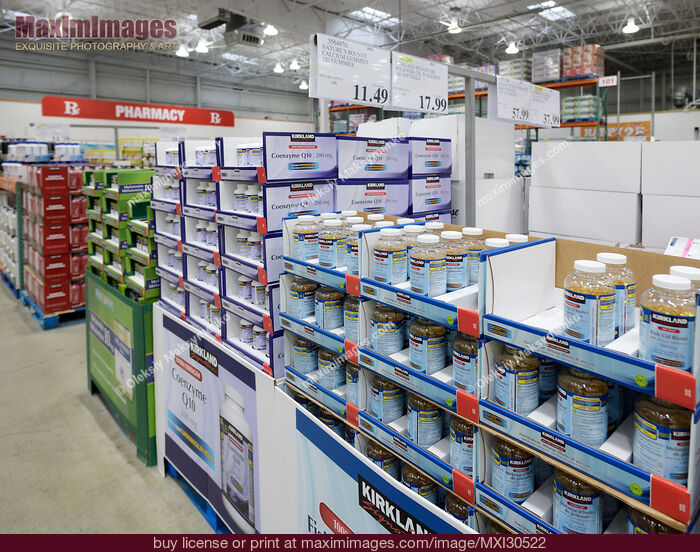 Stock photo of Vitamins and food supplements at Costco Wholesale warehouse store pharmacy Buy commercial use license at MaximImages