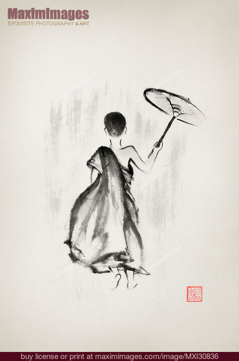 Stock image of Young monk walking with an umbrella under rain Japanese Zen Sumi-e painting Buy commercial use license at MaximImages