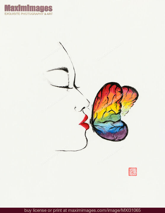 彼女の赤い唇で虹の蝶にキスするアジアの女性の概念画 ストックイラスト Mxi