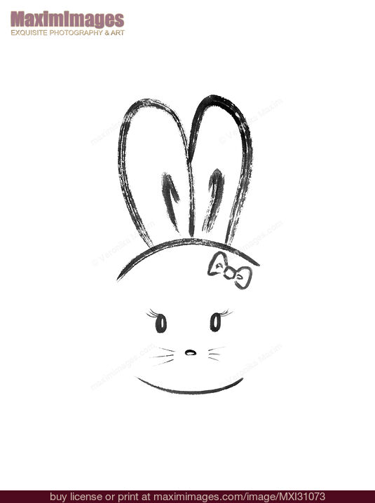 Stock image of Cute kawaii bunny girl with a bow black and white illustration Buy commercial use license at MaximImages