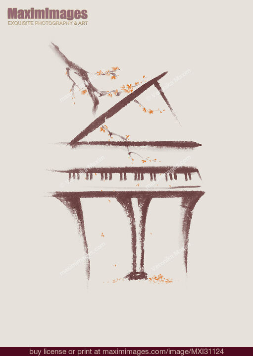 Stock image of Grand piano with a branch of sakura blossom illustration on beige Buy commercial use license at MaximImages