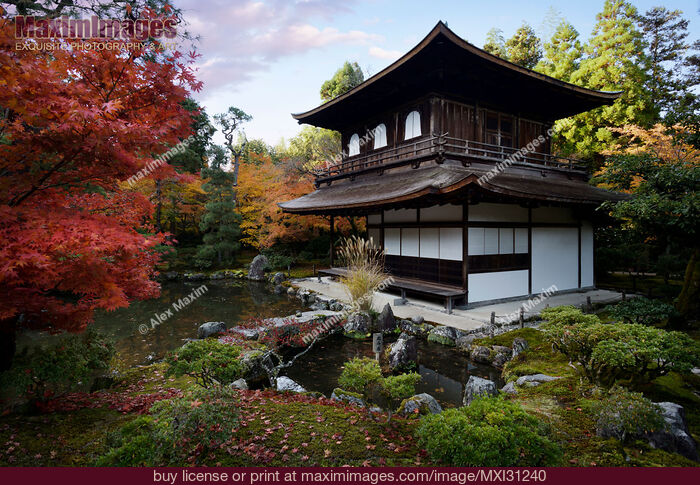 Stock photo of Kannon-den and Zen garden with a pond in autumn scenery of Ginkaku-ji Temple of the Silver Pavilion in Kyoto Buy commercial use license at MaximImages