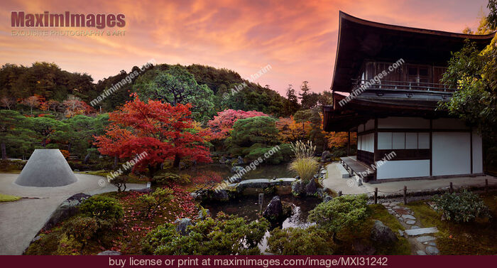 Stock photo of Ginkaku-ji Temple of the Silver Pavilion Zen garden with Mount Fuji symbol in autumn sunset scenery in Kyoto Buy commercial use license at MaximImages