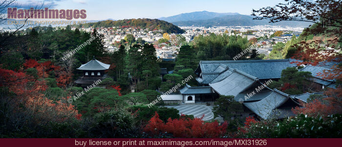 Stock photo of Kyoto landscape aerial city scenery Jisho-ji Ginkaku-ji Temple of the Silver Pavilion rooftops in autumn Buy commercial use license at MaximImages