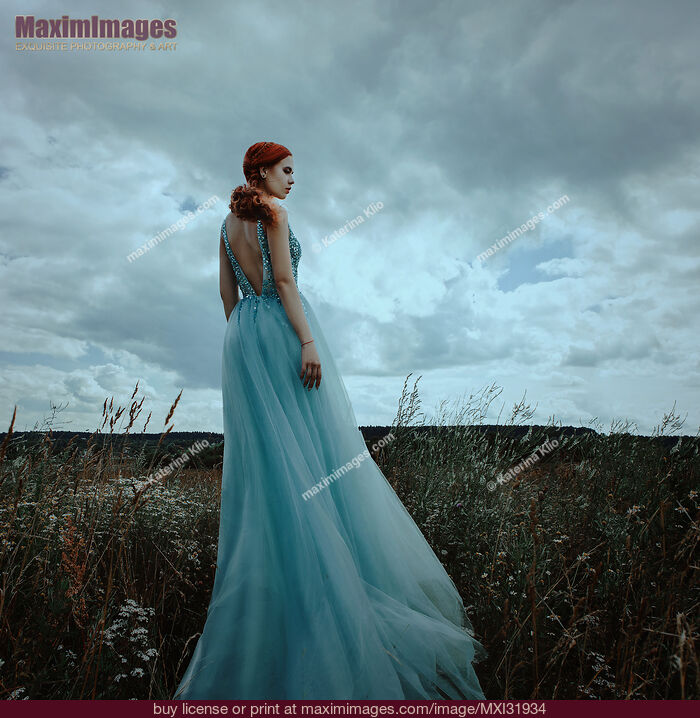 Stock photo of Young red haired woman in a long blue dress standing thoughtfully in a field of wild flowers Buy commercial use license at MaximImages