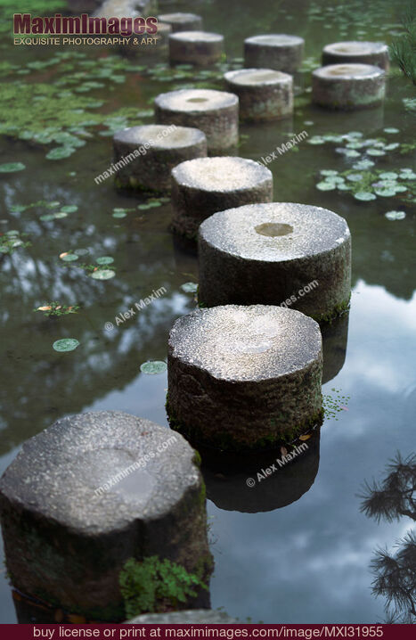 Stock photo of Stepping stones across a pond in a Zen garden Japan Buy commercial use license at MaximImages