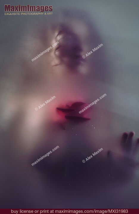 Stock photo of Dream-like ghostly sensual woman face with red rose behind a hazy foggy glass fine art portrait Buy commercial use license at MaximImages