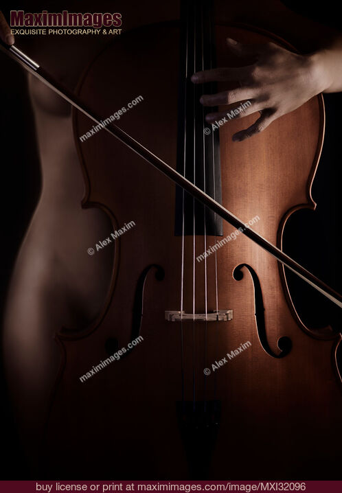 Stock photo of Fine art nude mysterious concept woman playing cello closeup of hands and a bow Buy commercial use license at MaximImages