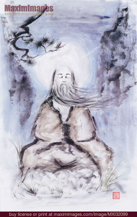 Stock image of Old Daoist sage meditating under a pine in mountains with full moon Buy commercial use license at MaximImages