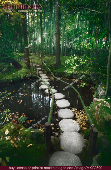 Stock photo of Stepping stones across a pond in a dreamy Japanese Zen garden scenery in Kyoto Buy commercial use license at MaximImages