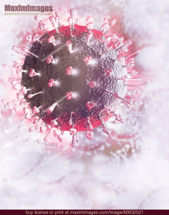 Stock image of Flu virus H1N1 H5N1 influenza A virus particle viral infection pandemic artistic illustration on bright white Buy commercial use license at MaximImages