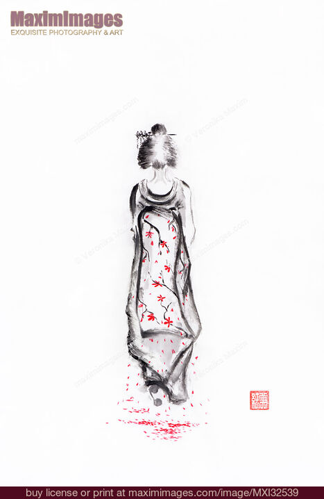 桜が歩いていくシュールな舞妓芸者の墨絵 ストックイラスト Mxi