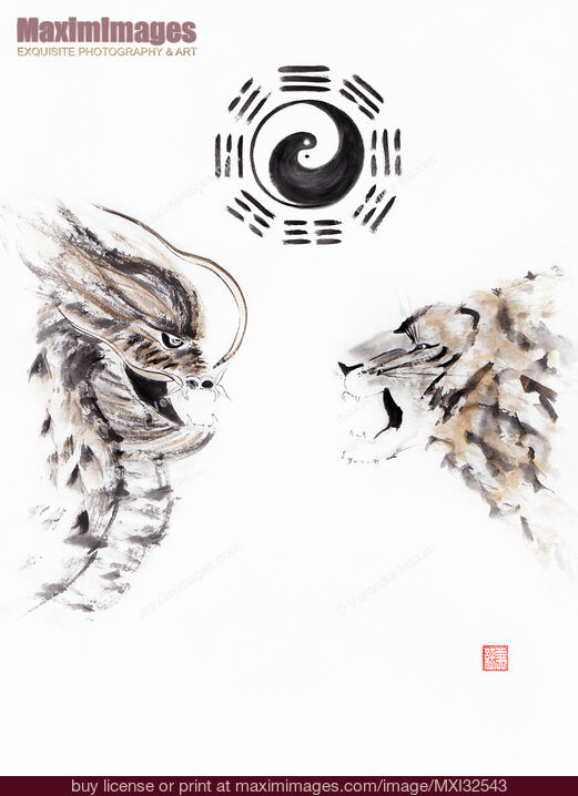 Stock image of Sumi-e Daoist painting of the Tiger and the Dragon under Yin Yang symbol NeiDan internal alchemy concept Buy commercial use license at MaximImages