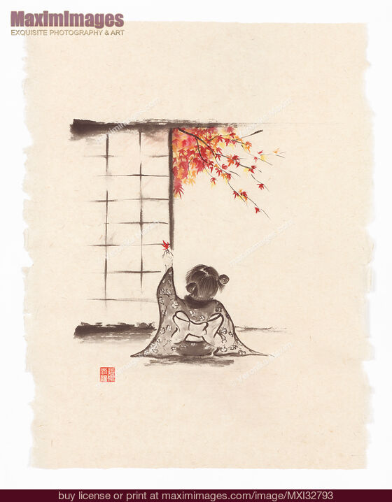 Stock image of Sumi-e painting of a little kawaii Japanese girl sitting by open shoji door in autumn under red maple tree Buy commercial use license at MaximImages