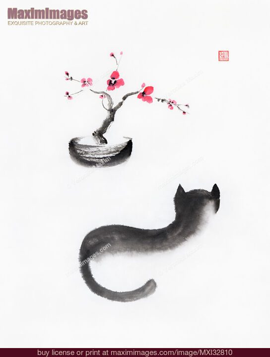 Stock image of Fine art sumi-e illustration of a black cat watching bonsai sakura tree Buy commercial use license at MaximImages