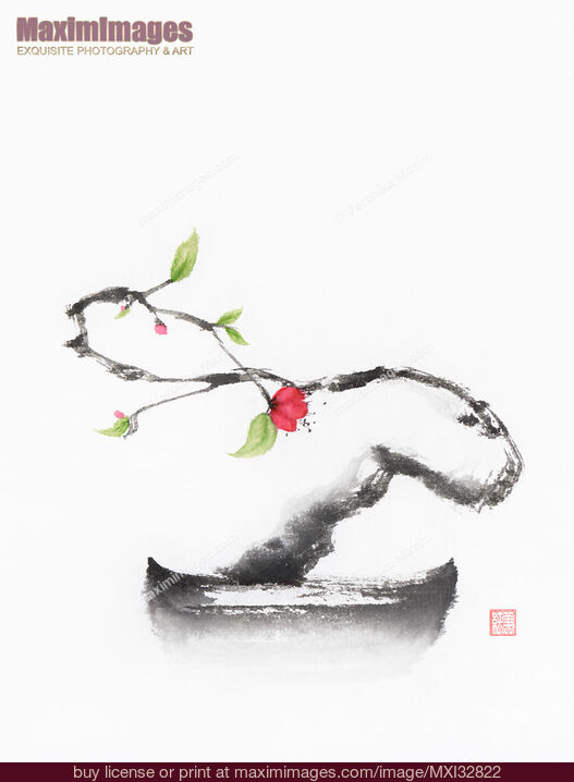 Stock image of Oriental sumi-e painting of a dreamy Zen bonsai sakura tree with a red flower Buy commercial use license at MaximImages