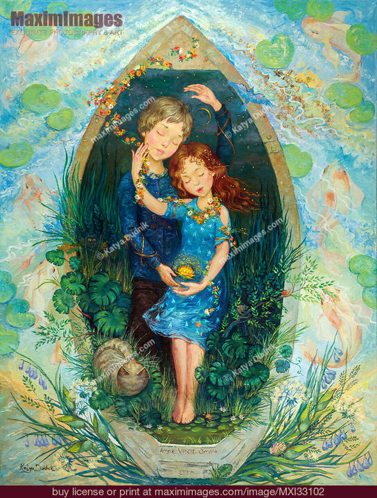 Stock image of Cute teenage couple romantic artwork. Boy and girl lying in an embrace in a boat with a cat and flowers. Buy commercial use license at MaximImages