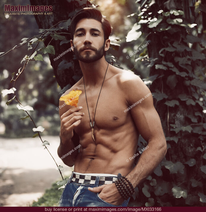 Stock photo of Sexy handsome man with bare torso leaning against a tree holding a yellow flower with tenderness Buy commercial use license at MaximImages