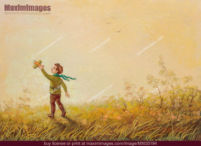 Stock image of Little boy with a toy airplane in his hand playing outside in the nature oil painting Buy commercial use license at MaximImages