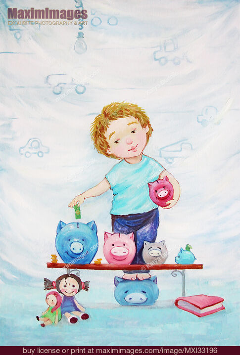 Stock image of Painting of a cute little boy putting money in a piggy bank Buy commercial use license at MaximImages