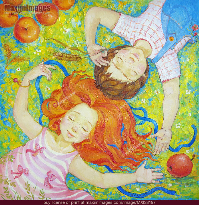 Stock image of Two cute happy children lying on the grass head to head enjoying summer sunshine Buy commercial use license at MaximImages