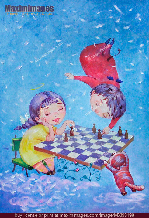 Stock image of Two cute children an angel girl and a devil boy playing chess in heaven Buy commercial use license at MaximImages