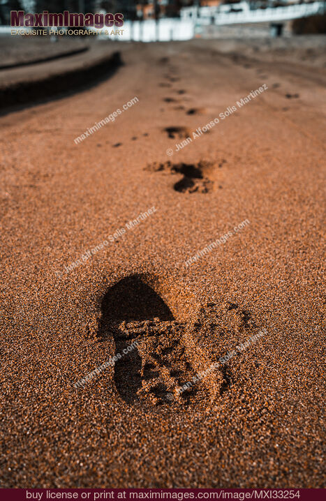 Stock photo of Footprints from running shoes along the sandy beach Buy commercial use license at MaximImages