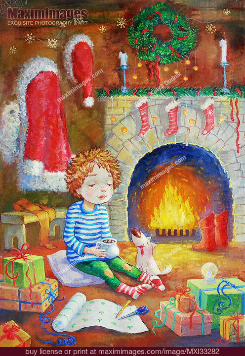 Stock image of Painting of a cute little boy and his dog surrounded by presents on a Christmas night Buy commercial use license at MaximImages