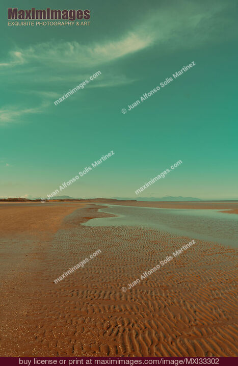 Stock photo of Empty sea beach at low tide in sunrise with wave patterns in the sand under blue sky Buy commercial use license at MaximImages