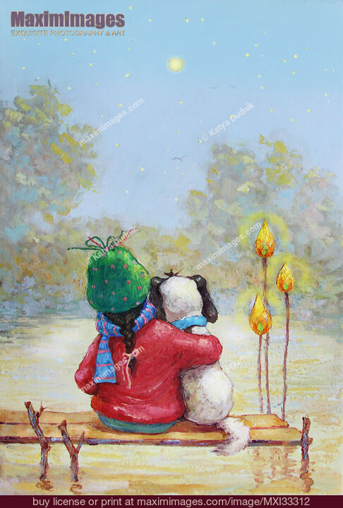 Stock image of Child and a pet dog dreaming together sitting on a pier under starry night sky looking at the moon Buy commercial use license at MaximImages