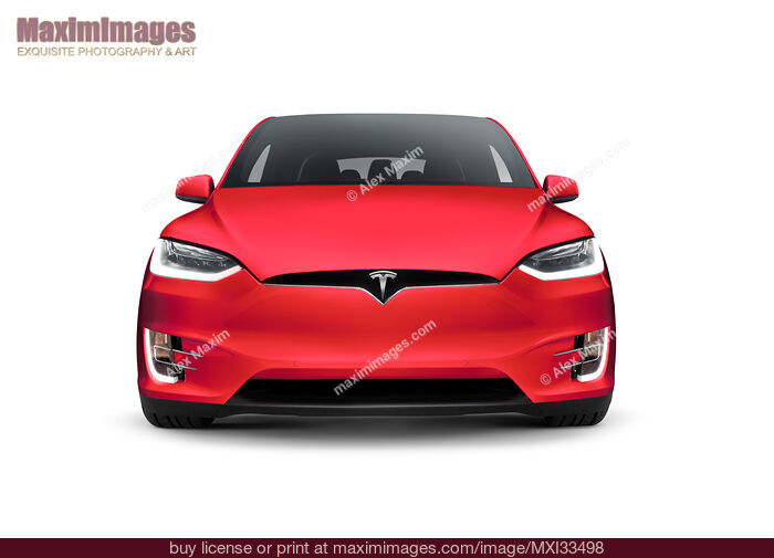 Stock photo of Red Tesla Model X luxury SUV electric car front view cutout Buy commercial use license at MaximImages