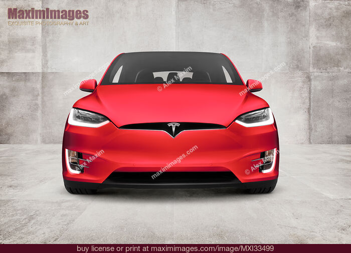 Stock photo of Red Tesla X electric SUV car front view against concrete wall Buy commercial use license at MaximImages