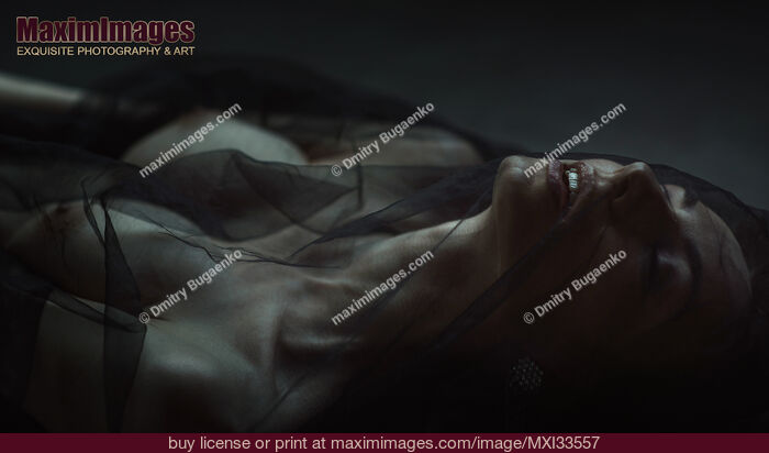 Stock photo of Expressive sensual closeup of a nude woman covered with a sheer black mesh fabric Buy commercial use license at MaximImages