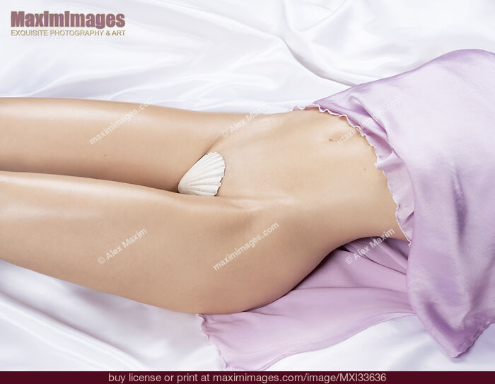Stock photo of Sexy half-naked woman body midsection with sensual curves lying on white satin bed a pearly seashell covering her nudity Buy commercial use license at MaximImages