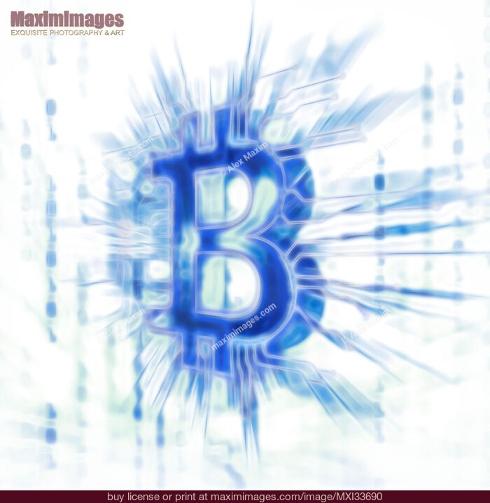 Stock image of Bitcoin cryptocurrency symbol illustration in bright glowing blue on white Buy commercial use license at MaximImages