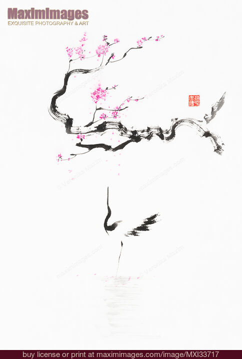 Stock image of Zen sumi-e painting of a heron standing in a lake under a blossoming cherry tree Buy commercial use license at MaximImages