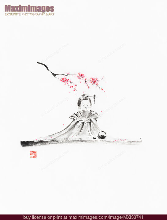 Stock image of Sumi-e painting of a cute little Japanese girl sitting under plum blossom with a teapot Buy commercial use license at MaximImages