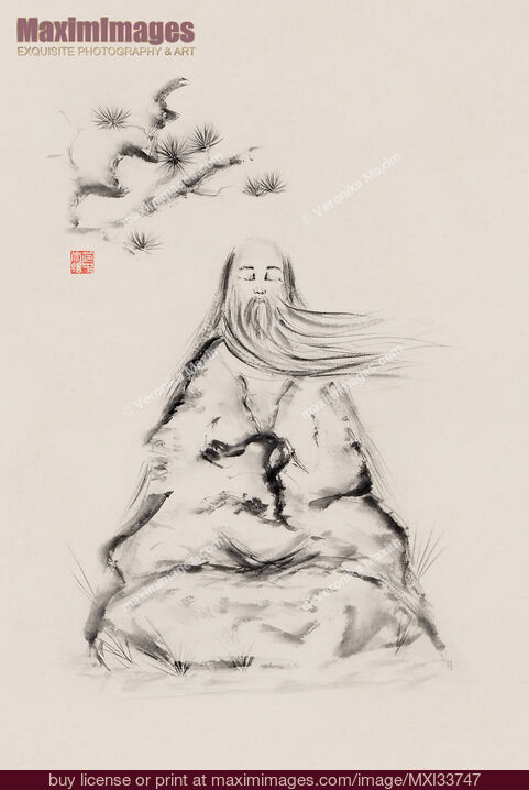 Stock image of Old Taoist sage master Laozi meditating under a pine branch Zen illustration Buy commercial use license at MaximImages