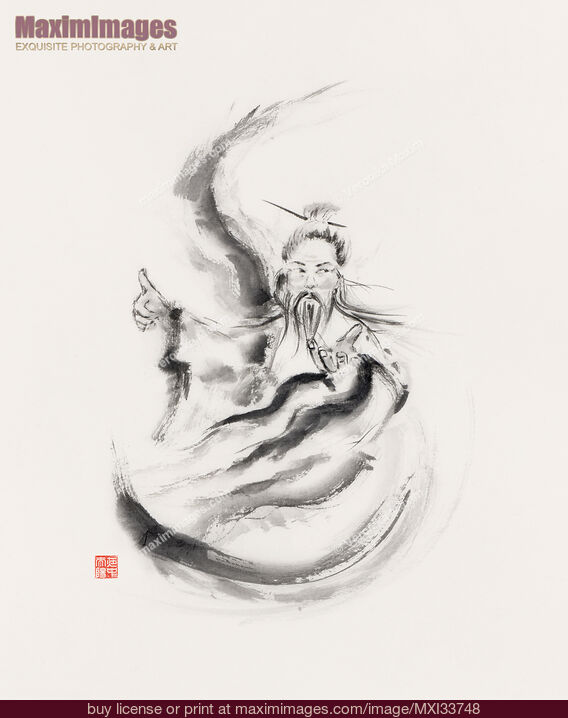 Stock image of Sumi-e painting artwork of a fierce Taoist master parcticing Tai Chi Buy commercial use license at MaximImages