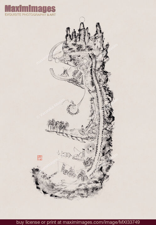 Stock image of Sumi-e artwork of Taoist Neijing Tu Chart of Internal Alchemy. Inner body landscape in Nei Dan practice. Buy commercial use license at MaximImages