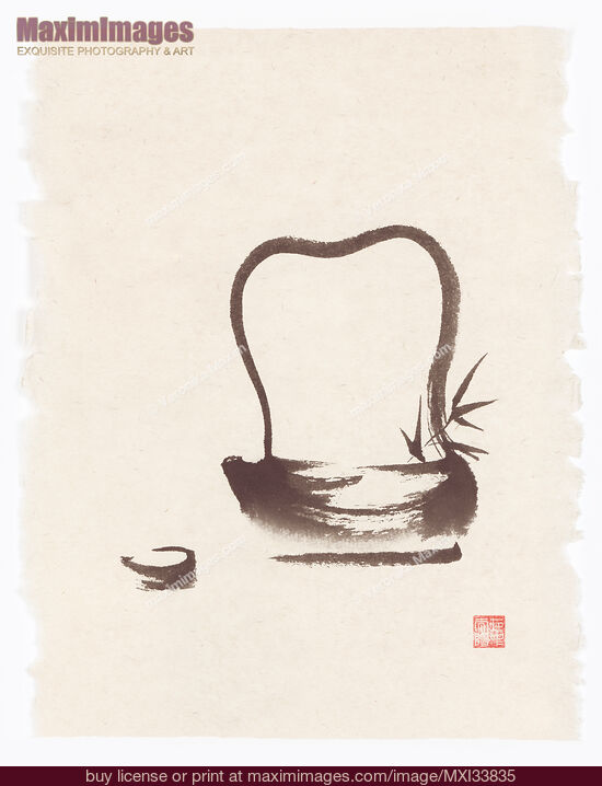 Stock image of Oriental Zen fine art painting of antique Japanese teapot with a tea cup on rice paper Buy commercial use license at MaximImages