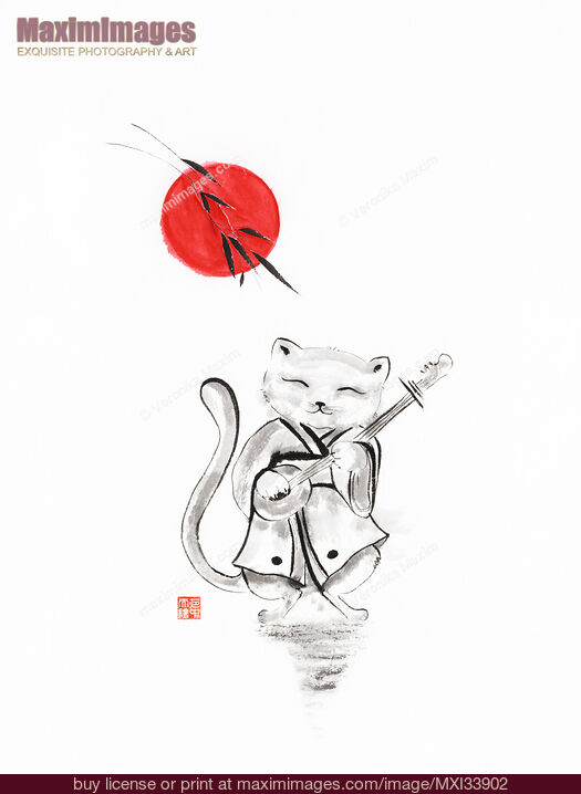 Stock image of Sumi-e painting of a cat walking in kimono playing a stringed musical instrument under red sun Buy commercial use license at MaximImages
