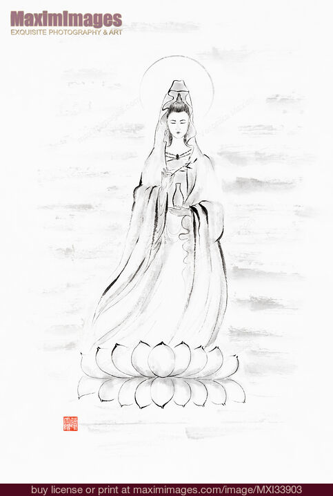 Stock image of Sumi-e painting of Guanyin 觀音 goddess of mercy and compassion standing on a lotus. Kwan Yin, Kannon, Avalokiteśvara. Buy commercial use license at MaximImages