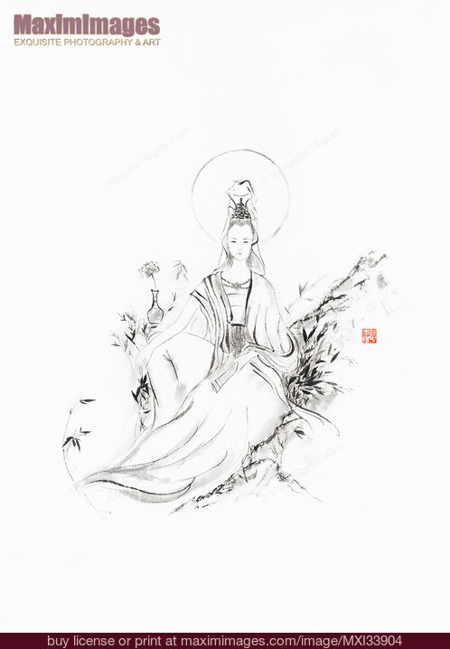 Stock image of Sumi-e painting of Guanyin goddess of mercy and compassion sitting with a scroll in her hand. Kwan Yin, Kannon, Avalokitesvara. Buy commercial use license at MaximImages