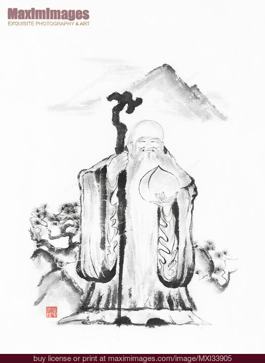 Stock image of Sumi-e painting of Shou Chinese God of Longevity holding peach or gourd symbol of the elixir of life and immortality Buy commercial use license at MaximImages